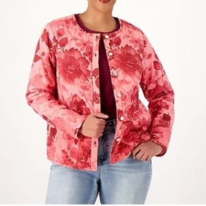 Denim & Co Cotton Quilted Jacket Button Front Rose Floral XL